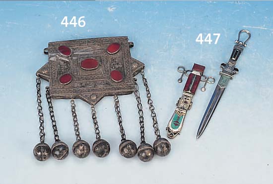 ZIERDOLCH FüR FRAUEN, MAROKKO, UM 1900, SILBER, LEDER, REICH VERZIERT, L. CA. 17 CM