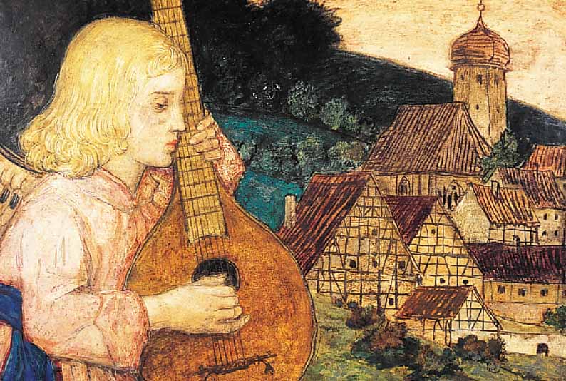 Schiestl, Matthäus, 1869 Gingl/Salzburg-1939 München, Schüler von Dietz und Löfftz, hier:Engel vor Dorfsilhouette, Öl/Holz, ca. 40 x 50 cm, ...