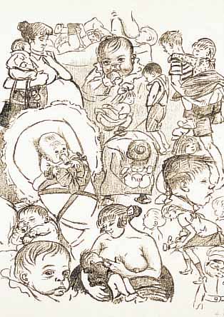 ZILLE, H., 1828-1929, ORIGINALLITHOGRAPHIE, 39,5 X 29,5 CM, BABYLEBEN 1924, AUS KOMM, KALINKEN KOMM, HANDSIGNIERT