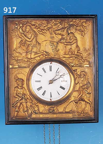 RAHMENUHR, SCHWARZWALD, UM 1870/80, VERGLAS-TE TüR, GEPRäGTE MESSINGUMRANDUNG Z. T. VER- GOLDET, DARSTELLUNG EINER JAGD IN DER RENAIS- SANCE, ...
