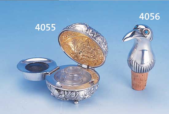 ZIERKORKEN MIT AUSGIEßER, DEUTSCH, LUTZ & WEISS, PFORZHEIM, UM 1925, 800ER SILBER, GLASAUGEN, SKURRIL, AUSGEFALLEN, SCHNABEL ...