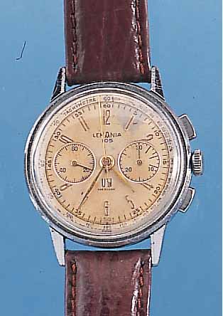 LEMANIA ARMBANDCHRONOGRAPH, REF.-NR. 150-2,PA, SCHWEIZ UM 1959, METALL VERCHR., BER., EDELST.-BODEN U. GLASR. GEDR., VERS. ORIG.-BLATT ...