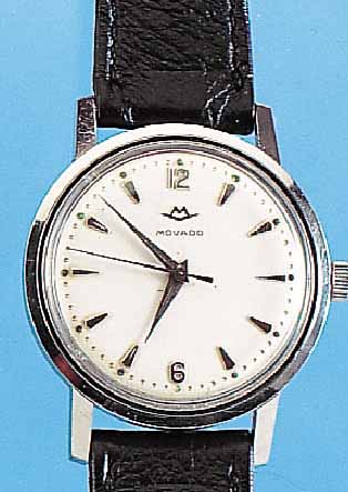 MOVADO HERRENARMBANDUHR, REF.-NR. 18341, SCHWEIZ UM 1959, EDELST., BODEN GESCHR., AUF BODEN WIDMUNGSGRAV. VON 1960, 17 ST., HANDAUF-ZUGKAL. 127, ...