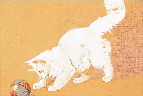 GABRIEL, RAINER, SPIELENDE KATZE, BUNSTIFTZEICHNUNG AUF GEBRäUNTEM PAPIER, RE. U. SIGN., CA. 21 X 26 CM, ...