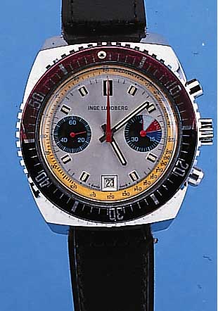 INGE LUNDBERG ARMBANDCHRONOGRAPH, REF.-NR. 93203, SCHWEIZ UM 1968, METALL HARTVERCHR., EDELST.-BODEN GESCHR., LüNETTE BEIDS. DREHB., ...