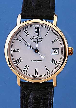 GLASHÜTTE ORIGINAL HERRENARMBANDUHR AUTOMATIK, DEUTSCHLAND UM 1993, METALL HARTVERG., BEIS. MINERALVERGL., EMAILFARB. KONTRASTZIF- FERBL., ...