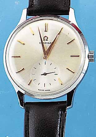 OMEGA HERRENARMBANDUHR, SCHWEIZ UM 1964, NEUTR. METALLGEH. HARTVERCHR., AUF KD.-WUNSCH BEIDS. VERGL., REST. BLATT, WERK ROTVERG., 15 ST., ...
