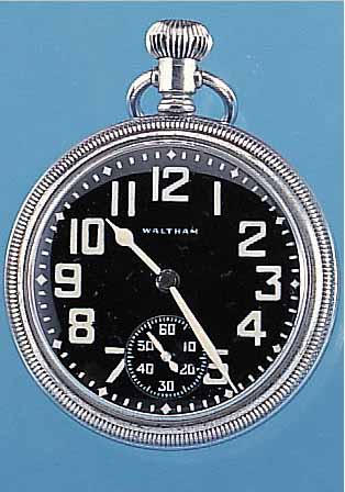 WALTHAM B-TASCHENUHR, REF.-NR. 501773, USA UM 1940, METALL-SCHR.-GEH. VERCHR., SCHW. EMAILKONTRASTZIFFERBL., 9 ST., KAL. 16S, SCHR.-UNR., ...