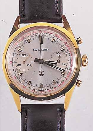 FAVRE LEUBA ARMBANDCHRONOGRAPH, REF.-NR. 498/30222, SCHWEIZ UM 1960, METALL HARTVERG., EDELST.-SCHR.-BODEN, VERS. BLATT ALTERSBED. L. FL., ...
