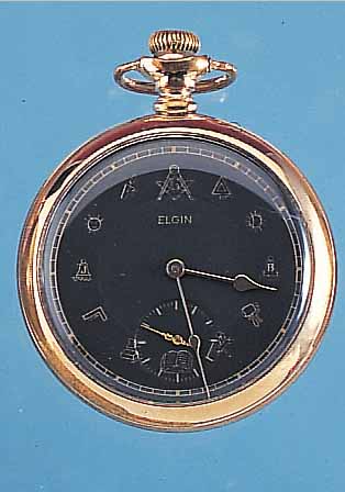 ELGIN HERRENTASCHENUHR LEPINE, USA UM 1908, METALL-SCHR.-GEH., ROT VERG., BER., BLATT REST. U. NACHTR. STD.-ZEICHEN M. FREIMAURER- SYMBOLIK ...