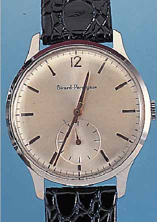 GIRARD PERREGAUX HERRENARMBANDUHR, SCHWEIZ UM 1950, NEUTR. METALLGEH. HART VERCHR., EDEL-ST.-BODEN U. GLASR. GEDR., BLATT REST., BRüK- KENANKERW., ...