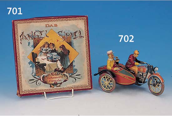 MOTORRAD MIT BEIWAGEN, PAYA/SPANIEN, REPRO- DUKTION VON 1990 EINES MODELLS VON 1934-36, BLECH BUNT LITHOGRAPHIERT, FEDERWERK, MIT ZERTIFIKAT, ...