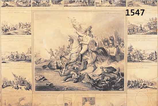 STAHLSTICH, DEUTSCH, UM 1800, DARSTELLUNG DES NAPOLEON MIT VERSCH. SCHLACHTENDARSTEL- LUNGEN, U.A. DIE ERSTüRMUNG VON MANNHEIM, GEBRäUNT ...