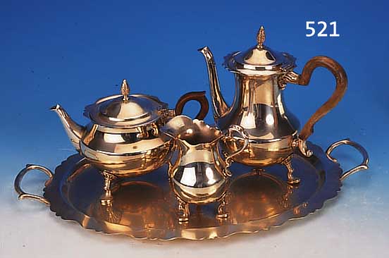 KAFFEE- UND TEESET, DEUTSCH, WMF; UM 1900-10, METALL VERSILBERT, BESTEHEND AUS KAFFEE- KANNE, TEEKANNE, SAHNEGIEßER UND TABLETT, LEICHT ...