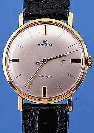 GOLANA HERRENARMBANDUHR, REF.-NR. 5249, SCHWEIZ UM 1962, GG 585/000, GLASR. GEDR., FLACHE AUSF., VERS. BLATT, 17 ST., HANDAUFZUG-KAL. VON FHF ...
