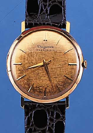 DUGENA HERRENARMBANDUHR PRECISION, REF.-NR. 31417, SCHWEIZ UM 1960, GG 750/000, GLASR. GEDR., FLACHE AUSF., MATT. BLATT M. AUFGES. ...