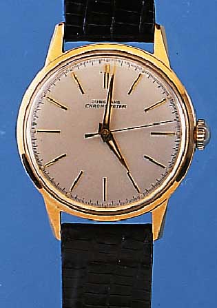 JUNGHANS HERRENARMBANDUHR CHRONOMETER, REF.-NR. 068460, DEUTSCHLAND UM 1964, METALL HART VERG., EDELST.-BODEN GEDR., AUßER KRONE U. LEDERB. ...