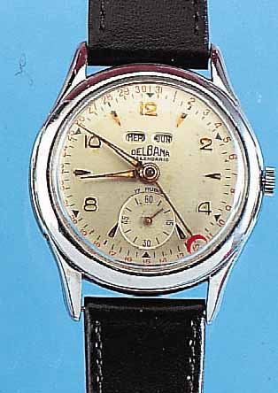 DELBANA HERRENARMBANDUHR M. VOLLKAL.-ANZ., AUßER MONDPHASE, METALLGEH. HARTVERCHR., EDELST.-BOD. U. GLASR. AUFGEDR., KORR.-DR. SEITL. IM ...