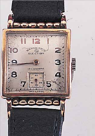 ELECTION HERRENARMBANDUHR, 40ER JAHRE, SCHWEIZ, RG 750/000 CARREEGEH., BEWEGL. BAND- ANST., BOD. AUFGEDR., VERS. ORIG.-BLATT LT. FLECK., ...