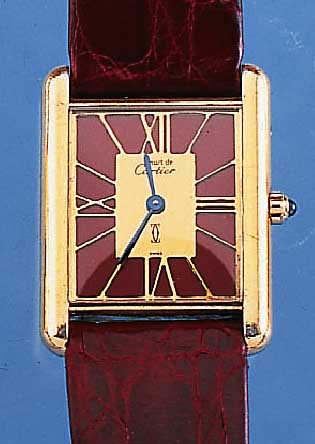 CARTIER DAMENARMBANDUHR TANK, SCHWEIZ UM 1980, MASSIV 925ER SILBER M. GG-AUFLAGE, BO- DEN SEITL. 4-FACH VERSCHR., BOMB. MINERALGL., LEDERB. ...