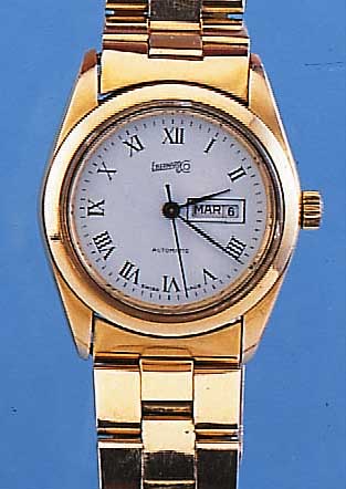 EBERHARD & CO. DAMENARMBANDUHR AUTOMATIK, SCHWEIZ UM 1975, METALL VERG., EDELST.-BODEN GESCHR., EMAILFARB. KONTRASTZIFFERBL., TAG U. DATUM, ...