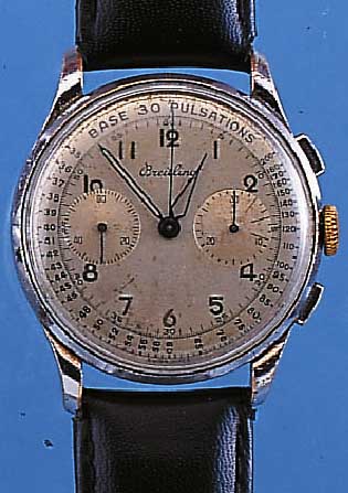 BREITLING ARMBANDCHRONOGRAPH, REF.-NR. 1190,SCHWEIZ UM 1950, METALL VERCHR., EDELST.-BODENU. GLASR. GEDR., ORIG.-BLATT FL., 30-MIN.- ...