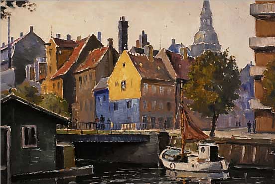 GROSS, EINAR, DäNISCHER MALER DER 1. HäLFTE DES 20. JH., STäDTCHEN AM KANAL, ÖL/LWD, LI.U. SIGN., CA. 58 X 67 CM, R.