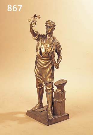 SEIFERT, VICTOR HEINRICH, *1870 BERLIN, BE- KANNTER DEUTSCHER BILDHAUER, FIGUR EINES SCHMIEDES, VERGOLDETE METALLFIGUR MIT ALTERS- SPUREN UND ...
