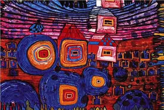 HUNDERTWASSER, FRIEDENSREICH, FARBOFFSET NACH DER GRAFIK: DIE FENSTER GEHEN NACH HAUSE,CA. 32 X 47 CM, PP, U.GL., R.