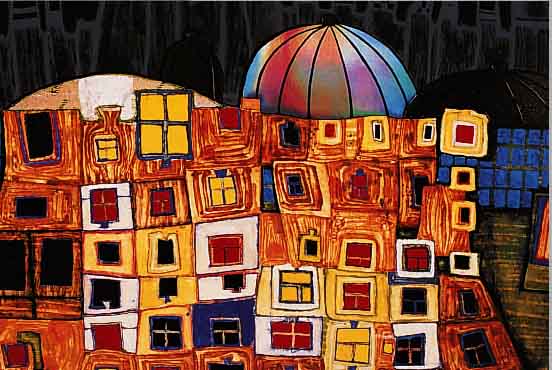 HUNDERTWASSER, FRIEDENSREICH, FARBOFFSET NACH DER GRAFIK BARBAKAN-CASTLE IN POLAND,NUM.4398/5000, CA. 27,5 X 39 CM, PP, U.GL., R.