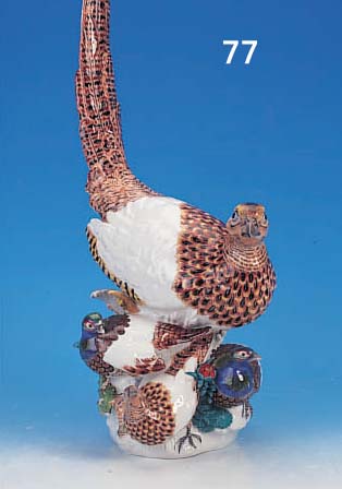 GROßE PORZELLANFIGURENGRUPPE, MEISSEN, UM 1910-20, REBHüHNER, BUNT BEMALT, H. CA. 58,5 CM