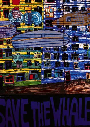 HUNDERTWASSER, FRIEDENSREICH, SAVE THE WHALES, FARBOFFSET MIT METALLFOLIENPRäGEDRUCK AUF DüNNEM KARTON, HANDSIGNIERT MIT SILBERNEM STIFT ...
