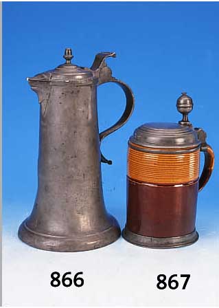 WALZENKRUG, ROCHLITZ-LUNZENAU, UM 1750, SOG. HONIGKRUG, STEINZEUG, ZYLINDERFORM MIT EINSPRINGENDER LIPPE, OBERER TEIL HONIGELB, UNTERER TEIL ...