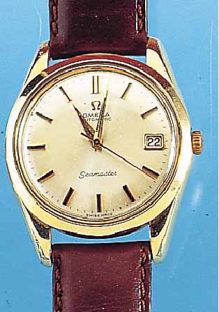 OMEGA HERRENARMBANDUHR SEAMASTER, REF.-NR. 166010/63, SCHWEIZ UM 1964, EDELST., GG-HAUBE,MATT VERS. ORIG.-BLATT ALTERSBED. L. FL., AUF-GES. ...