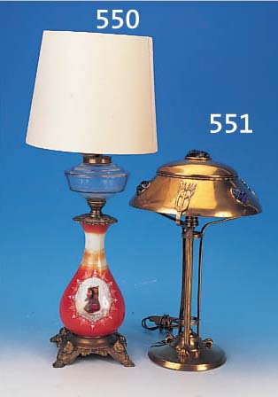 TISCHLAMPE, DEUTSCH, UM 1910, MESSING, JUGENDSTIL, GLASAPPLIKATIONEN IN DURCHBRUCH- ARBEIT, ELEKTRIFIZIERUNG SEKUNDäR, H. CA. 45 CM, ...