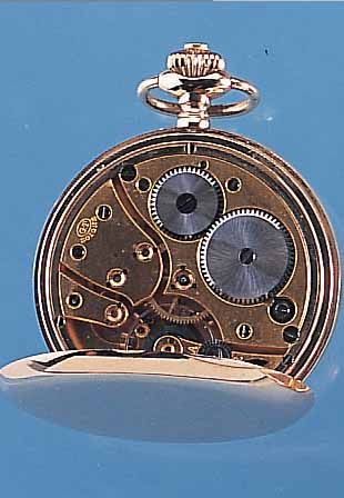 REVUE/THOMMEN HERRENTASCHENUHR SAVONETTE, ROSE-G. 585/000, AUßEN GLATT, EMAILBL., METALLCUVETTE, 16 ST., MATT VERG. ANKERW., 4 VERSCHR. ...