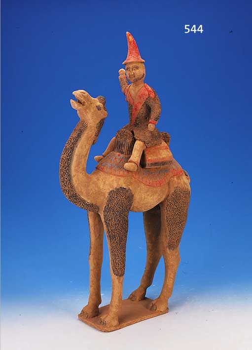 KAMEL MIT REITER, CHINA, CA. 1380 JAHRE ALT, TANG-DYNASTIE, TEILS FEIN GEMODELT UND GERITZT, RESTE ALTER FARBFASSUNG, H. CA. 78.5 CM, MIT ...