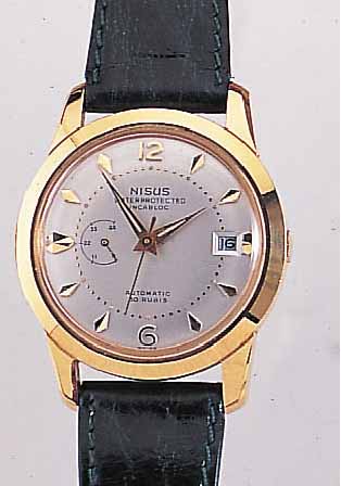 NISUS HERRENARMBANDUHR AUTOMATIK, REF.-NR. 359R, SCHWEIZ UM 1955, METALL HARTVERG., EDELST.-BODEN GESCHR., UNGETR. LAGERW., LEDER-B. NEU, ...