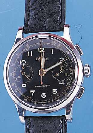 ANGELUS ARMBANDCHRONOGRAPH, REF.-NR. 196688,SCHWEIZ UM 1942, EDELST., BODEN U. GLASR. GE- DR., 45-MIN.-STOPPZäHLER, SCHW. KONTRASTZIF- FERBL., ...