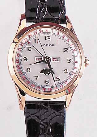 VALJOUX HERRENARMBANDUHR VOLLKALENDER, REF.-NR. 105603, SCHWEIZ UM 1952, METALL HARTVERG.,EDELST.-BODEN U. GLASR. GEDR., UNGETR. LAGER- W. M. ...