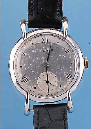 KONVOLUT: 2 HERRENARMBANDUHREN SCHWEIZER PRO- DUKTION, UM 1940, ZEITTYP. RUNDGEH. M. BET. BANDANST. (ART DECO), 1X ETERNA, EDELST., BODEN U. ...