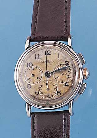 LEMANIA ARMBANDCHRONOGRAPH, REF.-NR. 9438, SCHWEIZ UM 1948, EDELST., BODEN U. GLASR. GE- DR., ORIG.-ZIFFERBL. FL., 30-MIN.-U. 12-STD.- ...