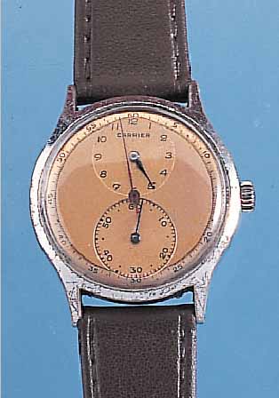 FHF HERRENARMBANDUHR REGULATOR, REF.-NR. 11293, SCHWEIZ UM 1940, METALL VERCHR., EDELST.-BODEN GEDR., KUPFERFARB. BLATT, TYP. ...