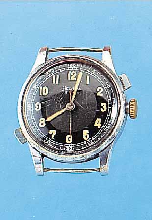 HELVETIA ARMBANDCHRONOGRAPH, STOP, REF.-NR. 602, SCHWEIZ UM 1935, METALL VERCHR., EDELST.-BODEN U. GLASR. GEDR., ORIG.-BLATT, ALTE ORIG.LEUCHTFARBE ...