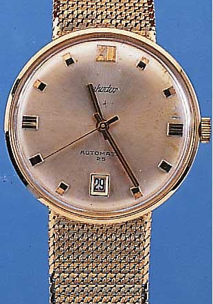 RHODOS HERRENGOLDBANDUHR AUTOMATIK, SCHWEIZ UM 1965, GG 585/000-GEH. INCL. GG-FLECHTBAND, ORIG.-ZUSTAND, BLATT L. FL., 25 ST., ZENTRAL- ROTOR, ...