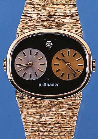 WITTNAUER 2-ZEITZONEN-ARMBANDUHR, REF.-NR. 5026-5K, SCHWEIZ/USA UM 1964, METALL HARTVER- G., INCL. METALLBAND, EDELST.-BODEN GEDR., 2 VONEINANDER ...