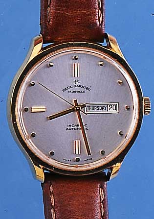 PAUL GARNIER ARMBANDUHR HYDEPARC-WATCH, REF.-NR. 453, SCHWEIZ UM 1960, METALL HART VERG., GR. AUSF., D. CA. 38 MM, TAG U. DATUM, ...