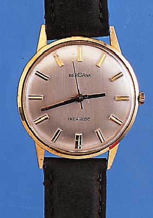 BERGANA HERRENARMBANDUHR FERNSEHLOTTERIE, REF.-NR. 16275, SCHWEIZ/DEUTSCHLAND UM 1975, GG 585/000, 17 ST., HANDAUFZUG, RUNDANKERW. VON ETA, ...