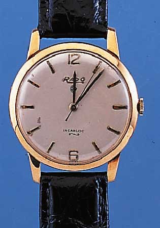 RADO HERRENARMBANDUHR, REF.-NR. 10584B, SCHWEIZ UM 1958, GG 585/000, GLASR. GEDR., FLACHE GESAMTAUSF., VERS. ORIG.-BLATT FL., RUNDANKERW., ...