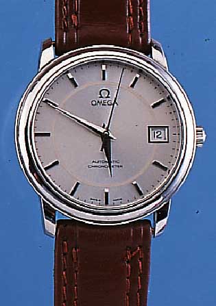 OMEGA HERRENARMBANDUHR CHRONOMETER, REF.- NR. 168-1050, SCHWEIZ UM 1985, EDELST. POL., SAPHIRFLACHGL., VERS. BLATT, DATUM-SCHNELL- KORREKTUR, ...